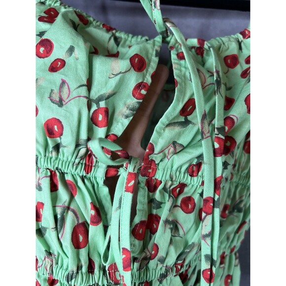 WAYF Cherries Green Camisole Top Elastic Trim Cotton Front Cut Out Ties Women S - Picture 5 of 12